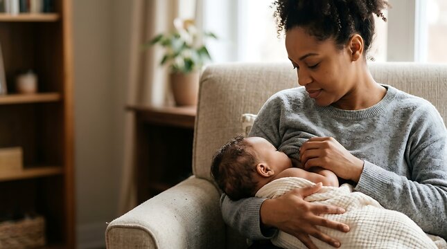 Black mother breastfeeding her infant while sitting in a chair at home