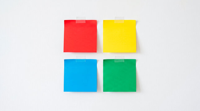 Four colorful sticky notes arranged neatly on a white background for office organization and planning