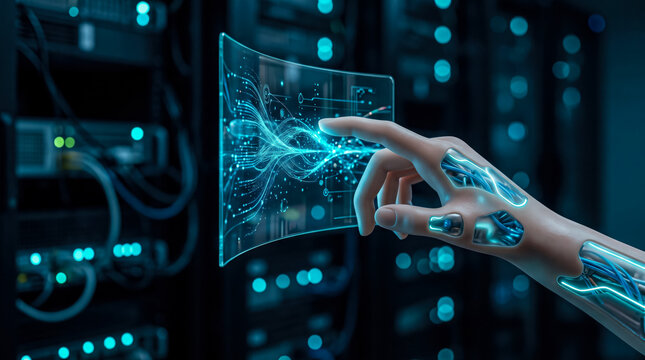 Futuristic hand interacting with holographic neural network interface in advanced tech lab