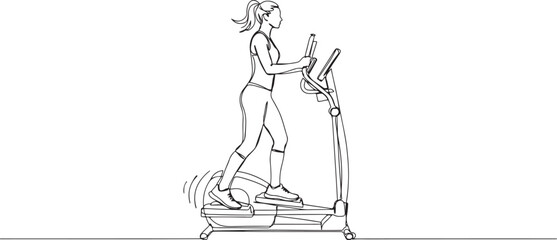 woman is intensely working out on elliptical machine, maintaining upright stance, cardio endurance and fitness workout.one line drawing © Hossen