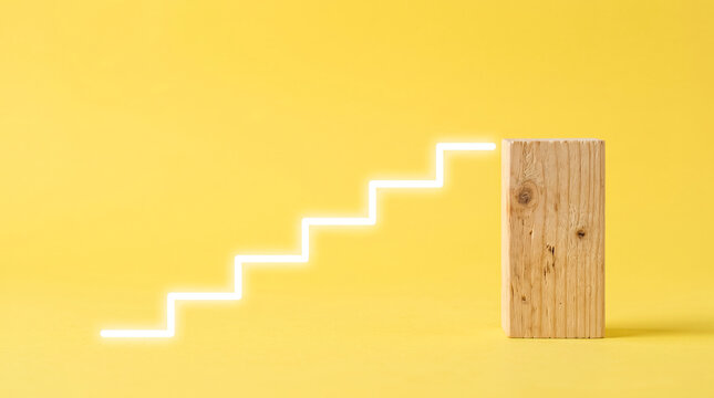Glowing staircase concept with wooden block barrier symbolizing progress and challenges