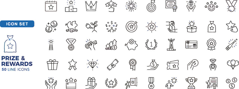 Award prizes and business rewards line icons set. Achievement trophy, success medal, and bonus points linear vector symbols.