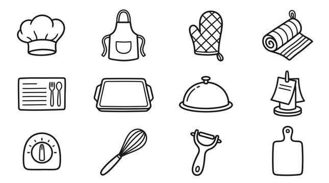 Kitchen Utensils and Baking Tools Collection: Chef Hat, Apron, Oven Mitt, Timer, Whisk