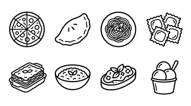Italian Food Icons: Pizza, Pasta, Lasagna, Ravioli, Ice Cream, Bruschetta, Dumpling, Risotto