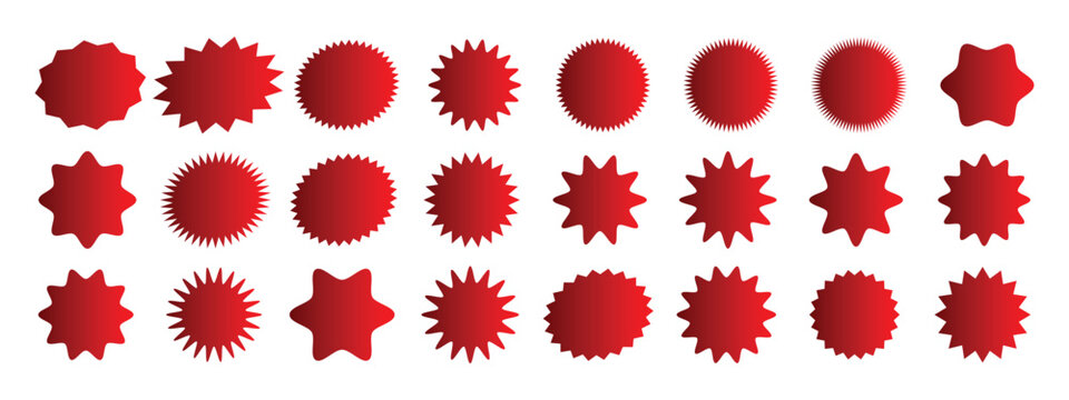 red gradient sunburst Icon vector set. star shapes elements vector. red price sticker, price tag, red starburst vector illustration.