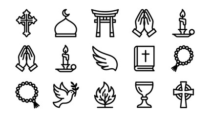 Diverse Religious Symbols Collection: Christianity, Islam, Buddhism, Peace, Prayer, Faith Icons © mbaknia
