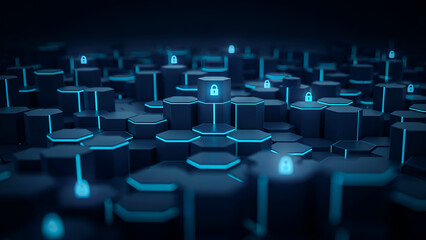 Fototapeta premium Hexagonal network with glowing blue security locks in a futuristic digital landscape