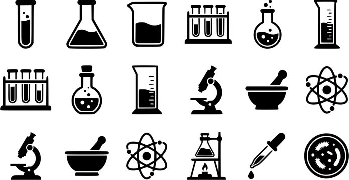 Test Tube & Experiment silhouette icon set, flat black glyph style, pure white background