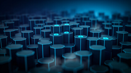 Obraz premium Hexagonal pillars with glowing blue circuits in a futuristic technological landscape
