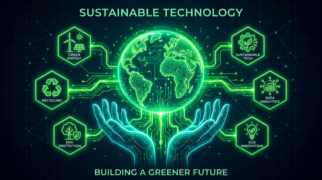 Illustration of sustainable technology concept with digital globe and hands holding eco-innovation icons
