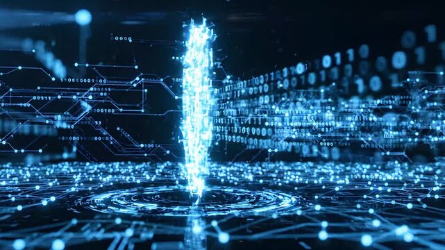 Digital cybersecurity shield protecting data network infrastructure with glowing binary code animation with circuit board patterns hovering over complex video glowing blue