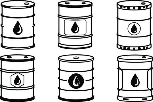 Six different oil barrel icons with various liquid symbols on transparent background