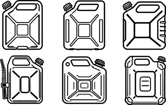 Various styles of jerry cans with different caps and fittings shown