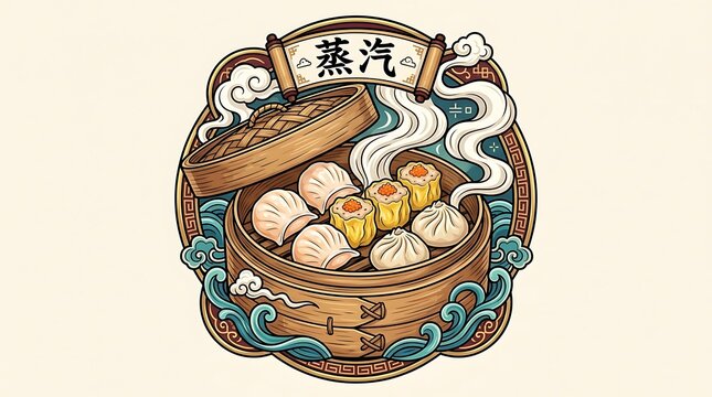 Steaming dim sum dumplings in bamboo basket with traditional elements