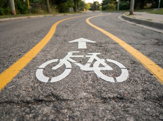 Obraz premium White bicycle lane symbol painted on the asphalt road with yellow lines