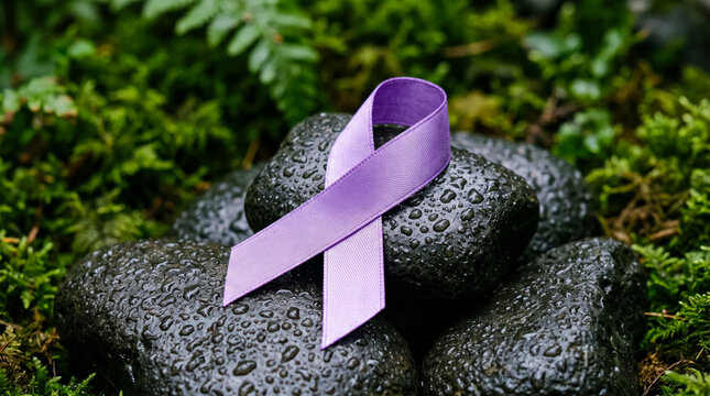 Lavender ribbon awareness symbol tied to wet basalt rocks in lush green forest setting