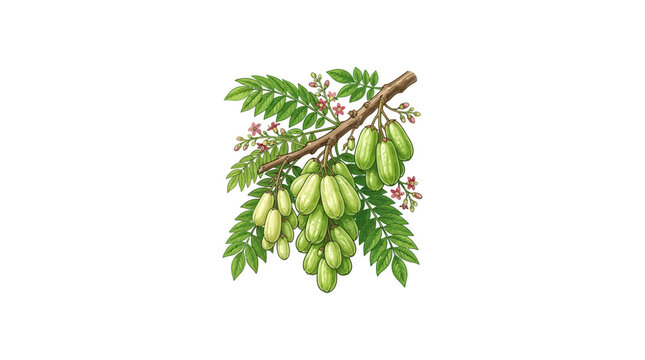 Watercolor illustration of bilimbi fruit hanging on a leafy branch.