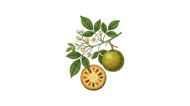 Botanical illustration of Aegle marmelos bael fruit with leaves and flowers.