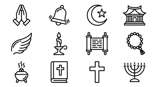 Religious Symbols Icons: Praying Hands, Bell, Crescent Moon, Temple, Wing, Candle, Scroll, Rosary, Censer, Bible, Cross, Menorah