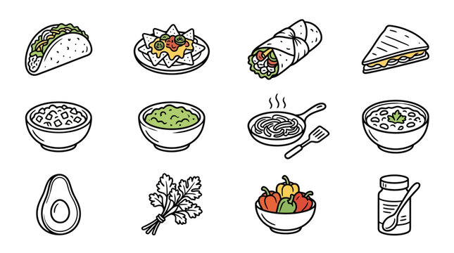 Mexican Food Icons: Taco, Nachos, Burrito, Quesadilla, Guacamole, Chili, Avocado