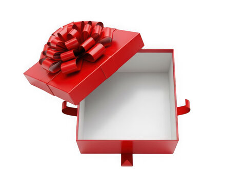 Open red gift box with a large ribbon bow on top for holidays and celebrations