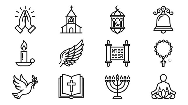 Collection of Religious Icons: Prayer, Church, Lantern, Bell, Candle, Wing, Scroll, Rosary