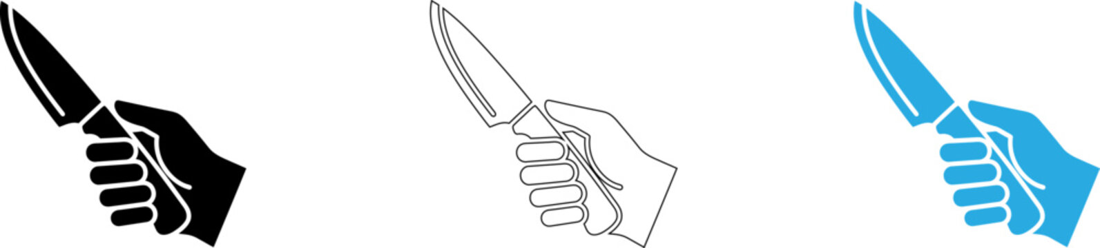 Hand gestures showing knife throwing or stabbing actions in three styles isolated on transparent background, Vector