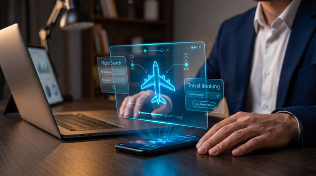 Professional using digital tablet for flight search and travel booking with futuristic interface