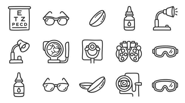 Optometry Icons: Eye Chart, Glasses, Contact Lenses, Drops, Exam Equipment