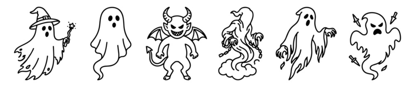 Set of six hand-drawn spooky ghosts and devil characters in black and white for Halloween designs on transparent background