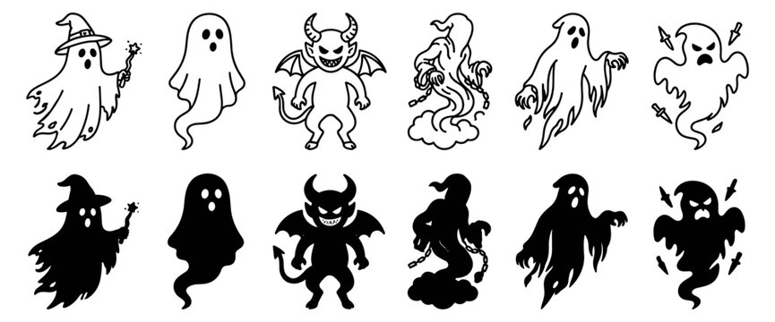 Black and white ghost and demon silhouettes with spooky Halloween supernatural characters and mystical creatures on transparent background