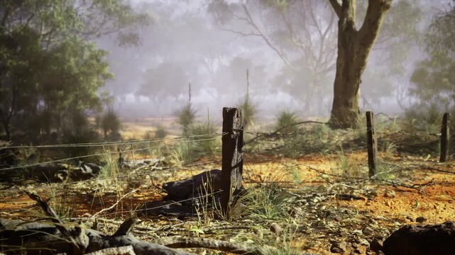 Sunlit boundary post and dry grass, warm late light and soft haze, scattered underbrush and pastoral isolation, rustic scene suggesting seasonal cycles.