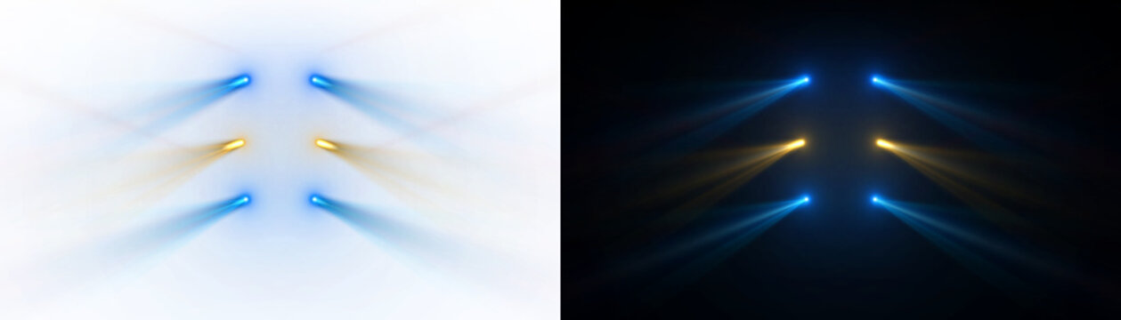 Spotlight beams orange blue lighting shining on concert stage on transparent background. VFX design, theatre stage poster, party, music event.