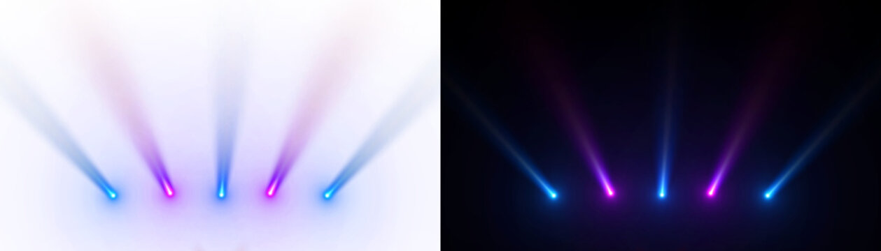 Spotlight beams purple blue lighting shining on concert stage on transparent background. VFX design, theatre stage poster, party, music event.