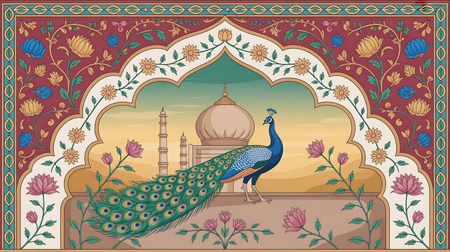 Traditional Mughal in garden, swan, bird vector illustration seamless pattern for wallpaper