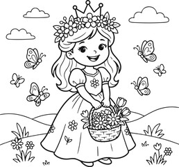 Obraz premium Coloring page princess 2026 editable design Cute cartoon princess holding a basket of flowers in a cheerful garden isolated on transparent background, isolated on white background, Vector