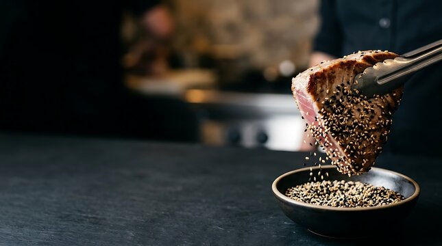 Chef coating seared tuna steak with sesame seeds in a kitchen