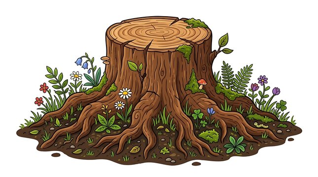 Cartoon tree stump with roots and plants vector nature illustration artwork