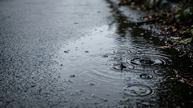Rain drops falling into a puddle on a wet asphalt road