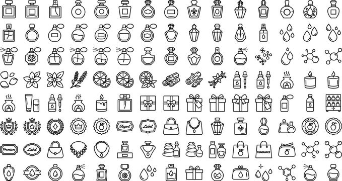 Perfume and cosmetics line icons black outline vector set