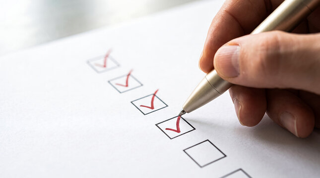 Hand holding metal pen checking items on paper survey list in room.