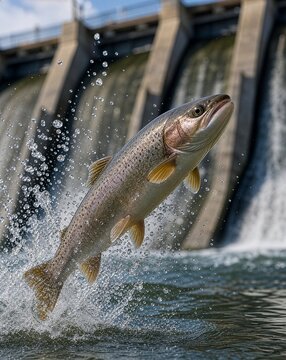Leaping fish below hydroelectric dam, fish migration barriers and freshwater ecosystem conservation concept