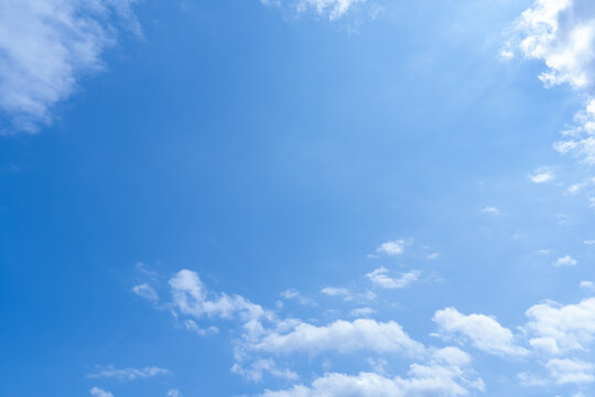 Sky Blue Background With White Clouds, Clear Summer Day And Natural Sunlight, Panoramic Cloudscape With Large Copy Space For Weather, Nature, Freedom, Environment And Outdoor Banner Design