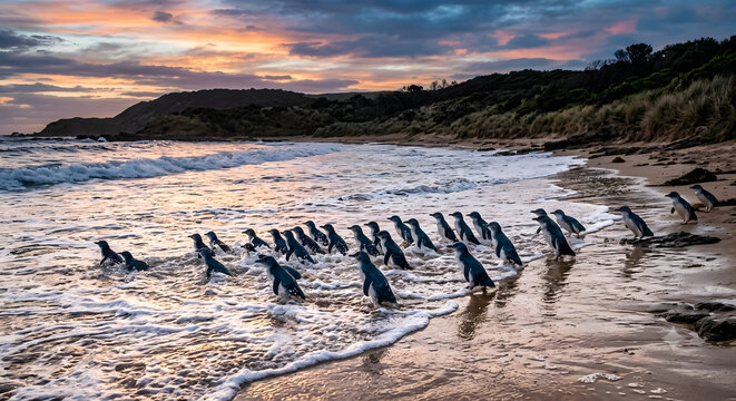 Tiny little penguins waddling ashore at Phillip Island Penguin Parade, viewed from a low beach-level perspective, golden sunset fading into blue twilight, gentle ocean waves, dramatic clouds