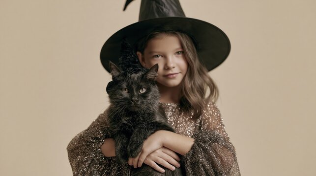 Cute little girl in a tiny witch hat holding a black cat, whimsical Halloween portrait with a magical and playful atmosphere