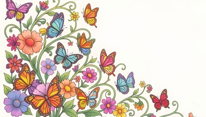 Fototapeta premium ​Colorful Butterflies and Garden Flowers Corner Frame Vector Illustration with Copy Space