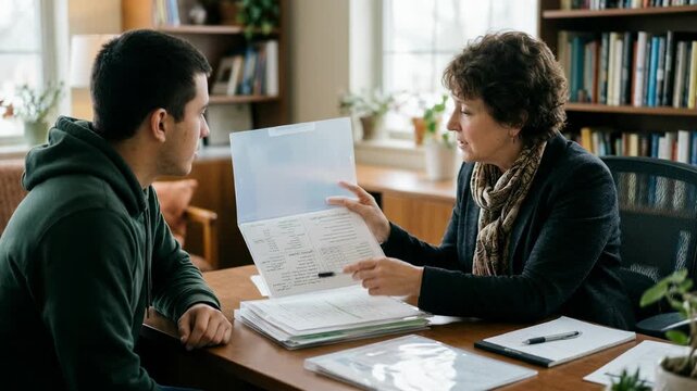 Career counselor discussing trade school funding solutions using clear folders and detailed plans with a softly blurred setting emphasizing personal guidance.