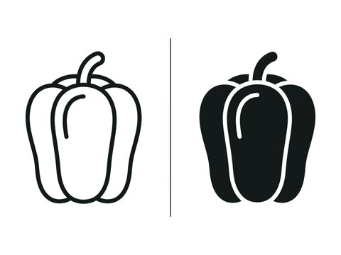 Bell Pepper Vegetable Outline and Filled Vector Icon Set Isolated on White Background