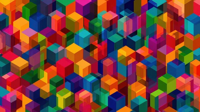 Abstract Geometric Cube Pattern with Vibrant Colors, Vibrant abstract pattern of interlocking geometric cubes in a variety of bright colors