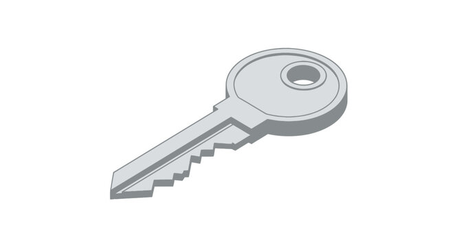 Silver metallic door key in isometric perspective